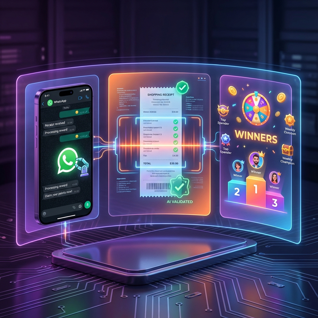 AI scanning receipt with WhatsApp integration and gamified competition interface